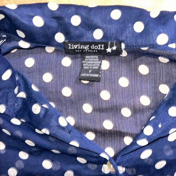 Living Doll Women Small Blue‎ White Dot Sheer Button Down Long Sleeve Blouse (U) - Picture 3 of 7